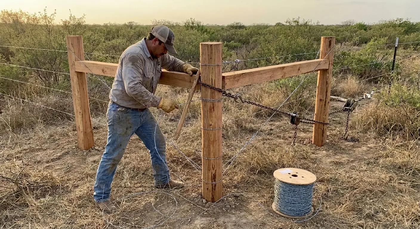 Wooden H-brace assembly at a ranch fence corner south of Laredo.