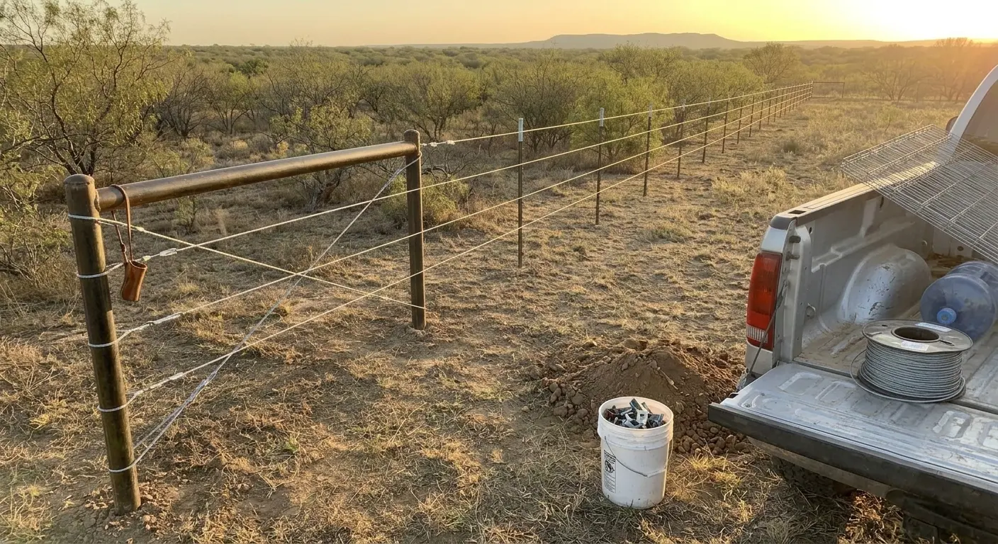 Pipe-and-cable ranch fence running across Webb County brush country.