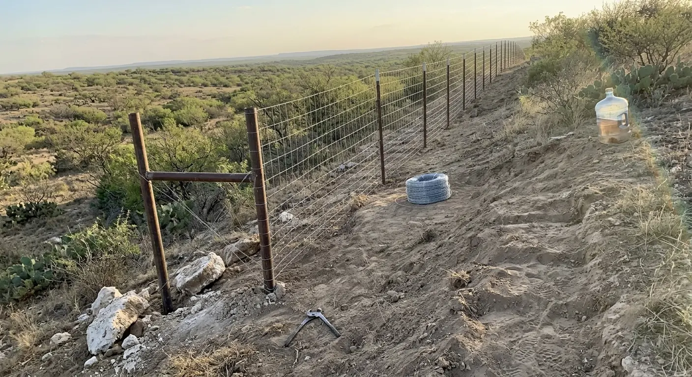 Game fence running along a slope in Webb County ranch country.