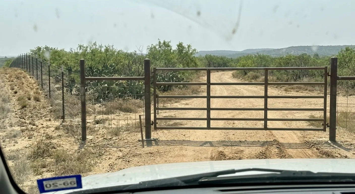 Field fence with a 12-foot pipe gate at the entrance of a Webb County ranch road.