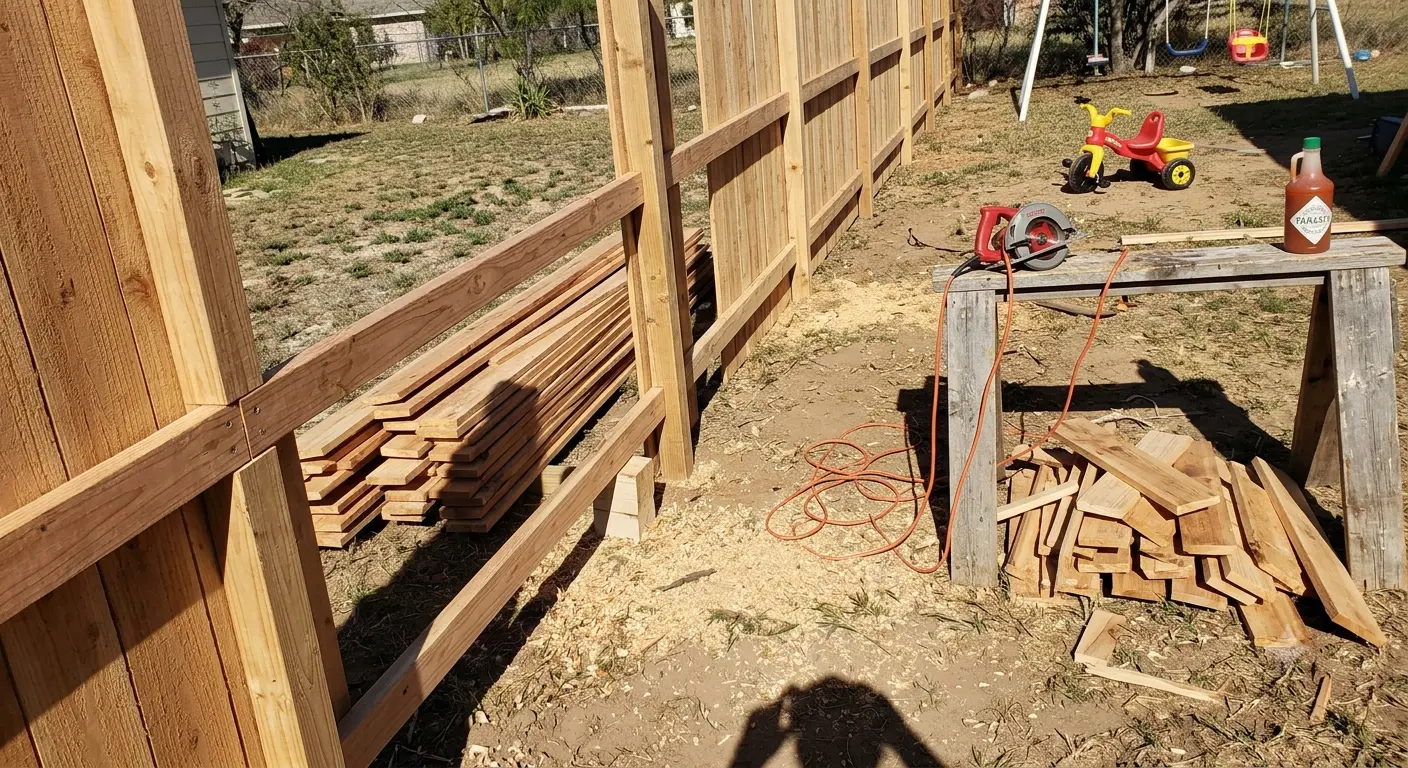 Rails partially hung on a cedar privacy fence in Laredo; pickets stacked against the line.