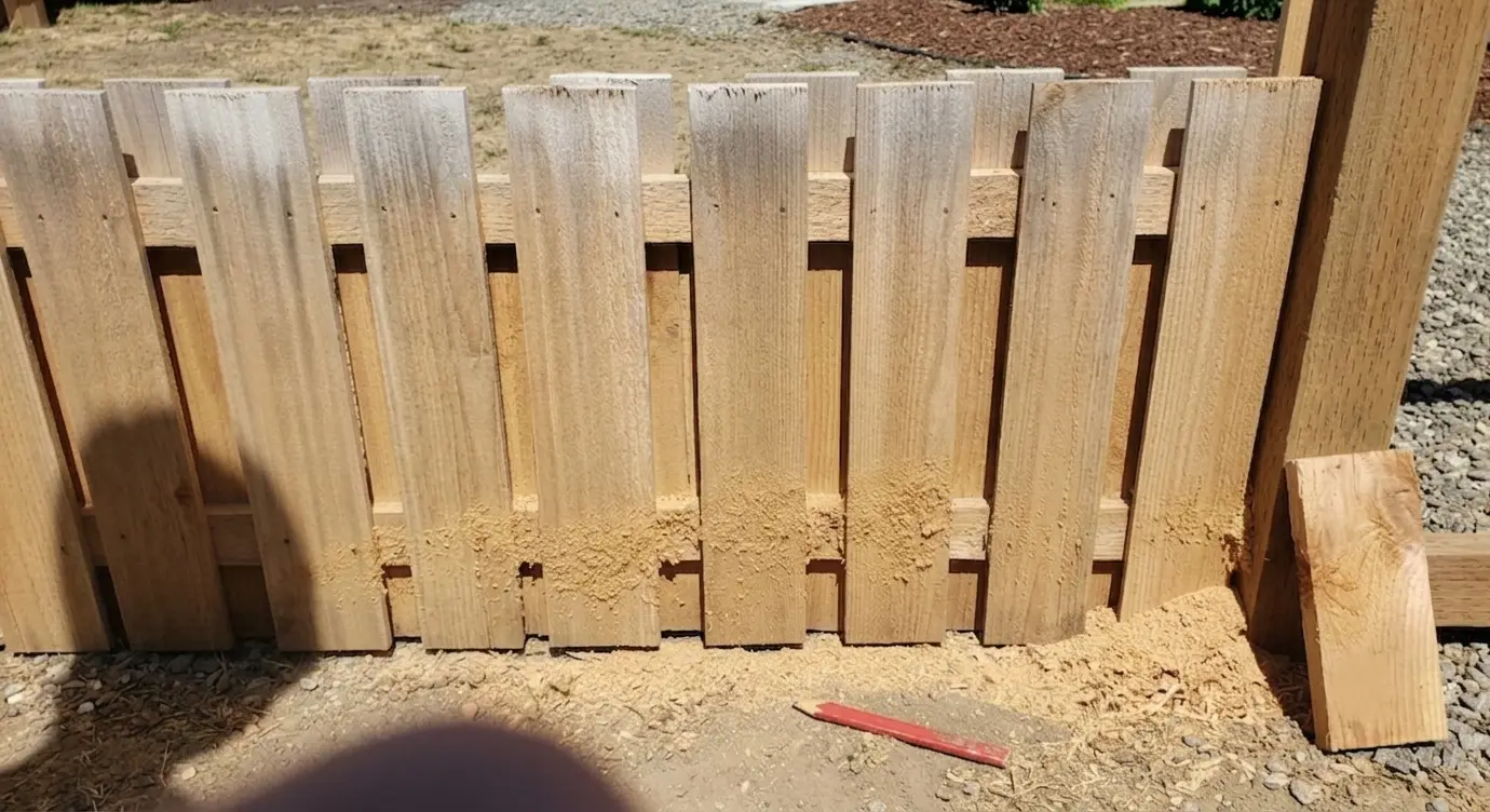 Board-on-board cedar privacy fence panel close-up in a Laredo backyard.